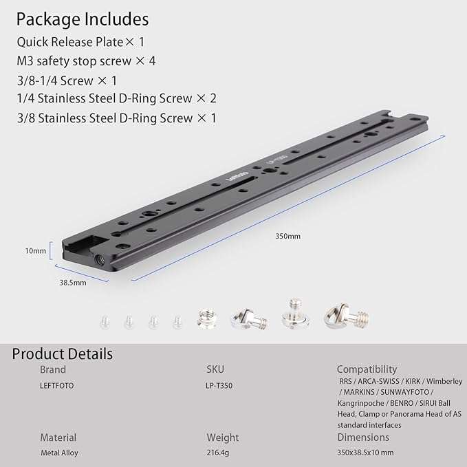 LEFTFOTO 350mm Double Dovetail Slide Rail with Arca Swiss Quick Release Plate,Locating Hole for ARRI,1/4" & 3/8" Threads,Cold Shoe - for DSLR Camera Tripod Ballhead - Image 7