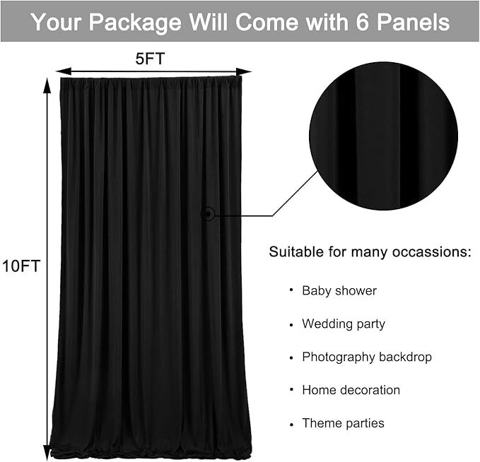 30ft x 10ft Wrinkle Free Black Backdrop Curtain for Parties, 6 Panels 5X10ft Polyester Black Photo Backdrop Drapes Back Drop Cloth for Birthday Wedding Party Photography Background - Image 6