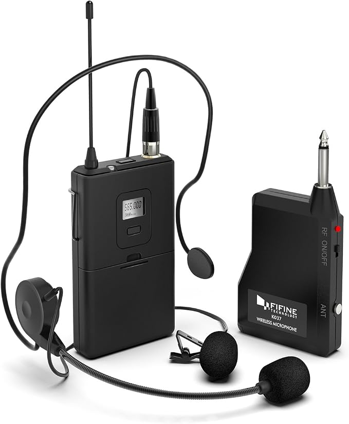 Fifine K037B Wireless Microphone System with Headset Lapel Mic for Speaking | Wireless Microphone set, Beltpack Transmitter and Receiver,for Teaching, Preaching by FIFINE