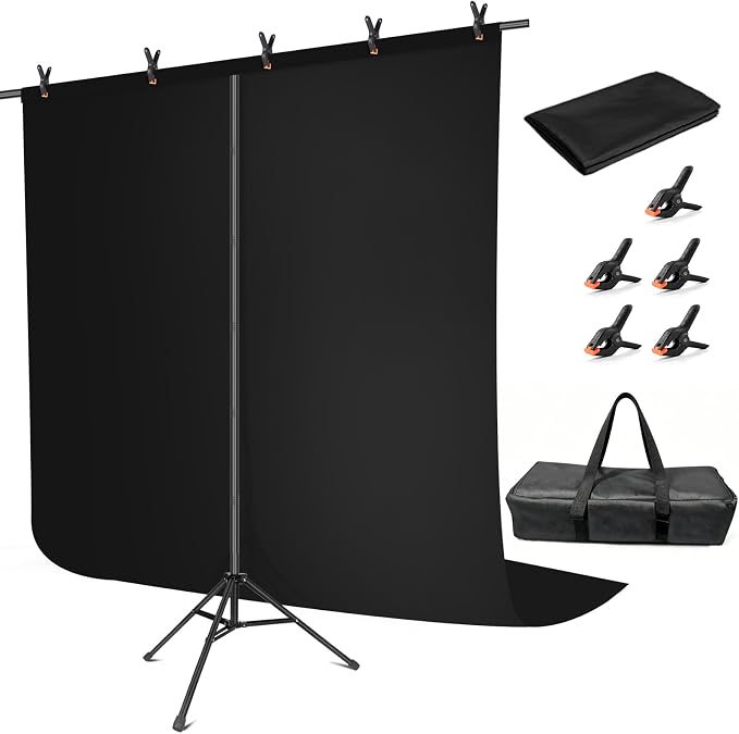 Hemmotop Black Backdrop with Stand, 8x7.5ft Photography Background Kit | Sturdy Threaded Connection Stand, Draped Polyester Fabric, Perfect for Wedding Birthday Graduation Party Banquet Decorations by Hemmotop