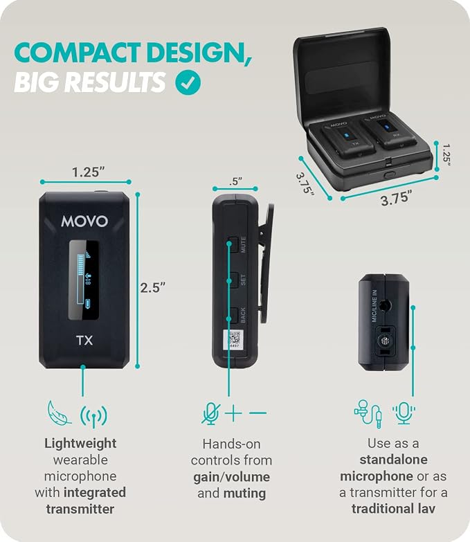 Movo WMX-2 Wireless Camera Microphone with Charging Case - Lavalier Mic for DSLR Cameras, Vlogging, Content Creation, Filmmaking - Image 3