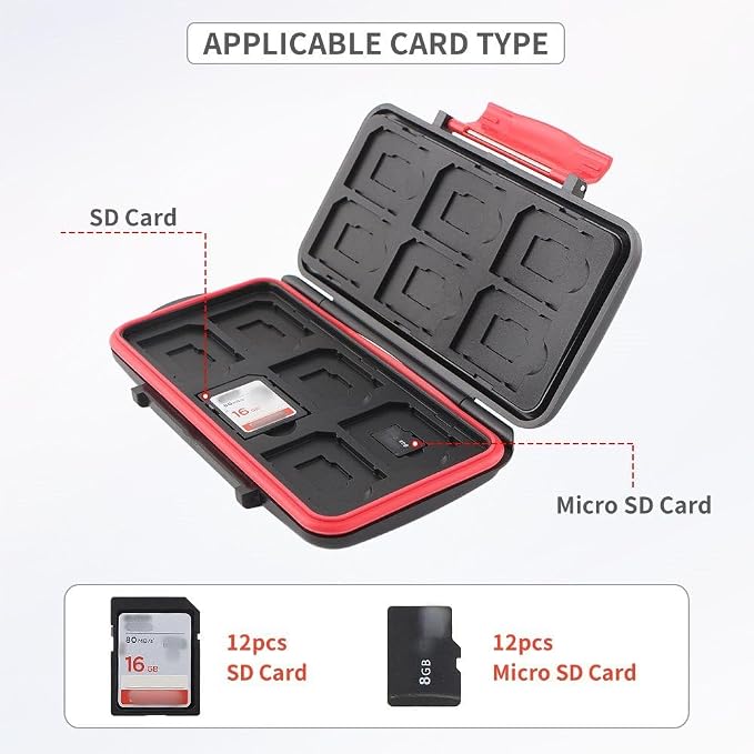 Memory Card Case Holder Protector for 12 Micro SD Card + 12 TF Card -Black | Card Carrying Case Storage Organizer, Water-Resistant, Dustproof, Anti-Shock, Made of ABS plastic, With hand strap, Portable - Image 2