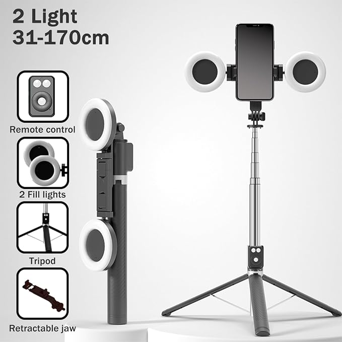 Selfie Stick Tripod with Fill Light, Phone Selfie Stick,Durable Stainless Steel Design,Bluetooth Remote Control,and Stable Three-Legged Support for Live Broadcasts,Video Shooting (Black) - Image 8