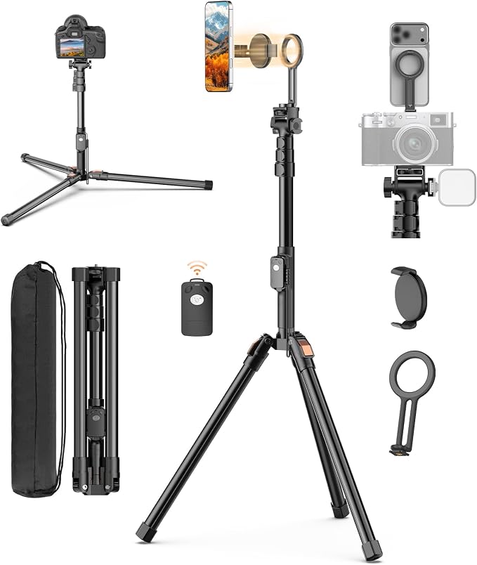 74" Magnetic Phone Tripod with Phone Clip for Magsafe, Camera Tripod | Aluminum Phone Tripod with Remote & Cold Shoe,Camera Stand Tripod for iPhone/Canon/Nikon/DSLR/Digital Camera Accessory Kits by XXZU