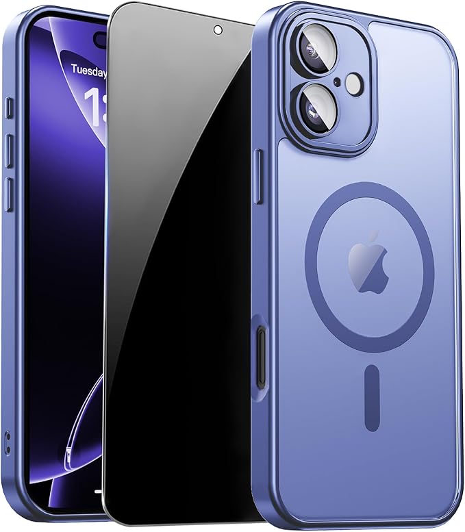 for iPhone 16 Plus Case with Privacy Screen Protector, Light Blue | Full Camera Protection, Matte Translucent, Magnetic, Compatible with MagSafe, Shockproof Phone Cover for iPhone 16Plus by ZOZDOKG