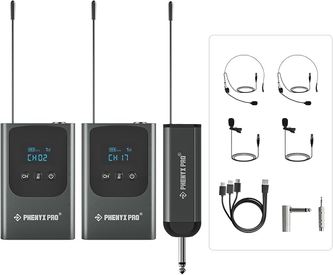 Phenyx Pro Dual Digital Headset/Lapel Wireless Microphone System PDP-2-2B | 2 Bodypack Transmitters, Mini Receiver, 2 x 15 Frequencies, Hands-Free Vocals, Karaoke by PhenyxPro