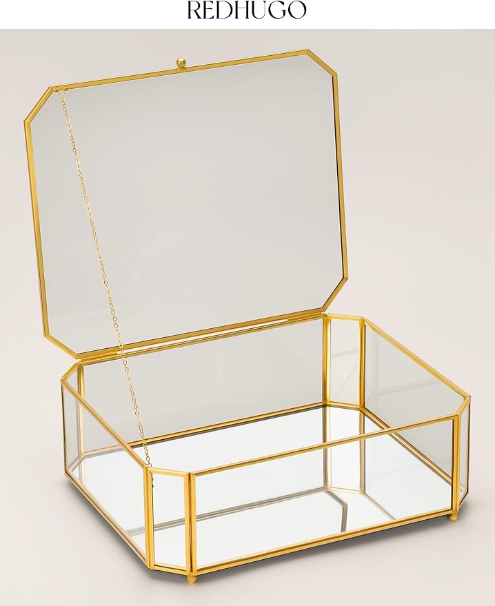 REDHUGO Large Glass Boxes for Display Handmade, Octagon, Gold | Handmade Glass Jewelry Box with Mirrored Bottom and Lid, Ideal for Trinkets, Photos, Keepsakes and Vanity Decor - Image 3
