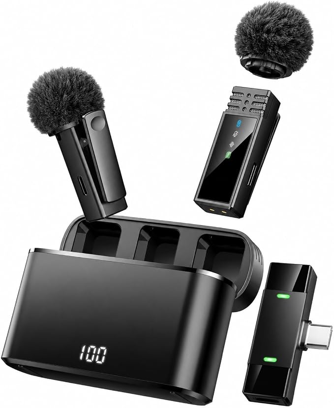 Wireless Lavalier Microphone for iPhone/Samsung/Android, 2 Mics, USB-C Port | 2 Clip-On Mics with Noise Reduction, 34h Using Time with Charging Case, 48kHz Audio 66ft Range for Video Recording USB C by Ntaanoo