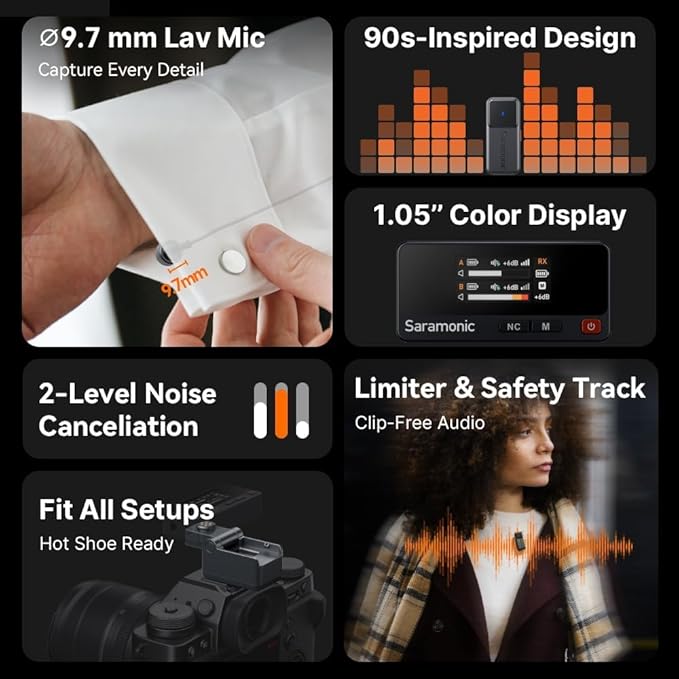 Saramonic Air Wireless Microphone for iPhone/Camera/Android, 11g Ultralight, 48kHz/24-bit,120dB Max SPL, 2 Lavalier Microphones, 300m Range, Noise Cancelling, Vlog, Streaming - Image 3