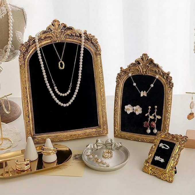 3 Pcs Jewelry Display Stand Organizer, Gold Vintage Ring Holder, Resin Necklace Holder Organizer, Photo Frame Earring Holder, Jewelry Holder for Wedding, Selling, Room Decor (Black) - Image 2