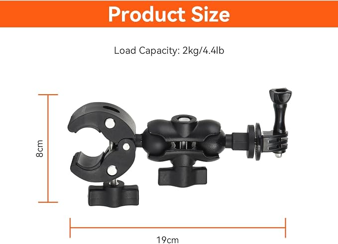 360° Dual Rotating Ball Head Handlebar Mount, Non‑Slip Support Clamp | Bike Bicycle Handlebar Action Camera Mount with 1/4" Screw, for Gopro Insta360 Tripod LED Lights Motorcycle Handlebar, Black - Image 7