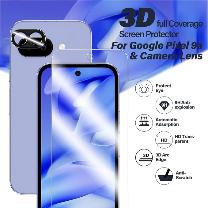 BIGFACE for Pixel 9A Tempered Glass Screen Protector + Camera Lens Protector [ 2 + 2 Pack ][Fingerprint Unlock] [Anti-Scratch] [Case Friendly] Clear HD Protective Film for Google Pixel 9A 5G - Image 2
