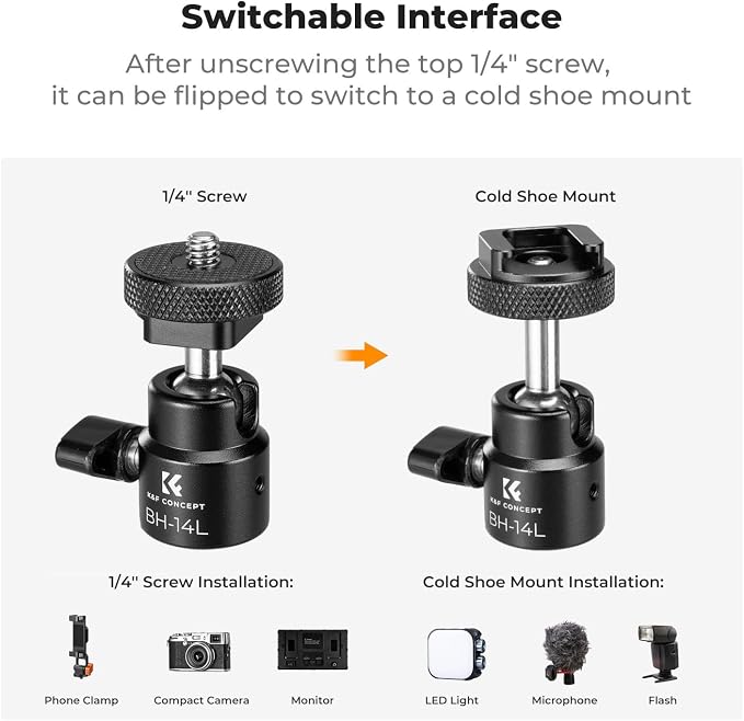 K&F CONCEPT Super Clamp Camera Clamp with 360° Ballhead | Compatible with GoPro/Insta360/Pocket 3, 1/4" Screw & Cold Shoe Mount for Camera/Monitor/Light/Microphone, MS26 - Image 4