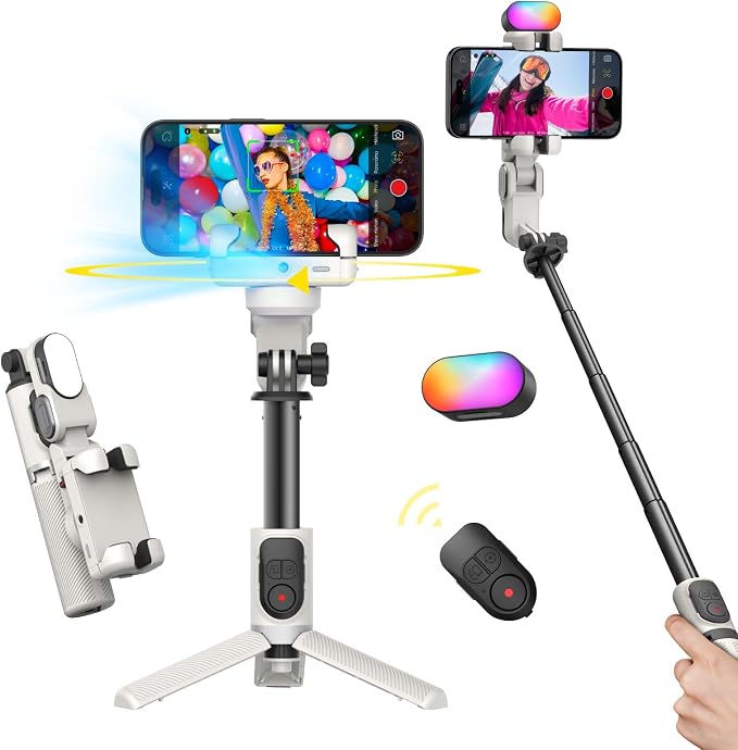 AOCHUAN Gimbal Stabilizer for iPhone, Sefie Stick with Auto Face Tracking | Tripod with Auto Face Tracking for TIK Tok YouTube Video Recording, 4 in 1 Gimbal Stabilizer with 360° Rotation-M1 Pro White by AOCHUAN