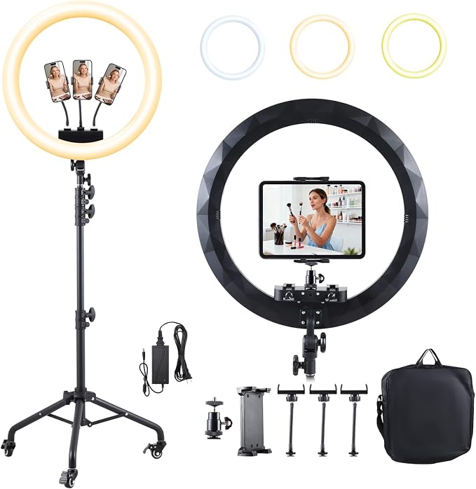 19" Ring Light with Stand, 75" Tripod Rolling Wheels, Phone & ipad Holders | 3 Color Modes & 6300K Dimmable LED Light, Large Ring light for Photography Streaming Video Recording Barber Tattoo Makeup by SHStudio
