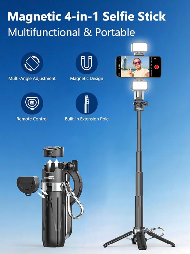 Magnetic Mini Selfie Stick for iPhone with Light (MPT-02) | 4 In 1 Portable Pocket Selfie Stick Tripod for iPhone & Android with Rechargeable Remote, Removable Phone Clip - Image 3