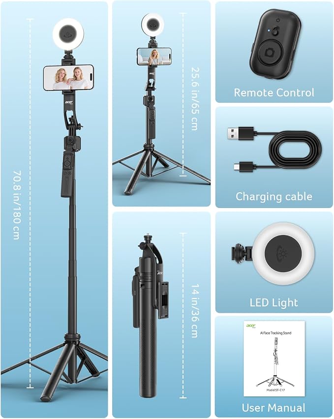 Acer Gadget Auto Face Tracking Tripod for iPhone/Cell Phone/Android/Camera with Light and Remote, 64", No App, 360°Rotating Tripod Selfie Stick for Tiktok YouTube Vlog Live Streaming Video Recording - Image 9