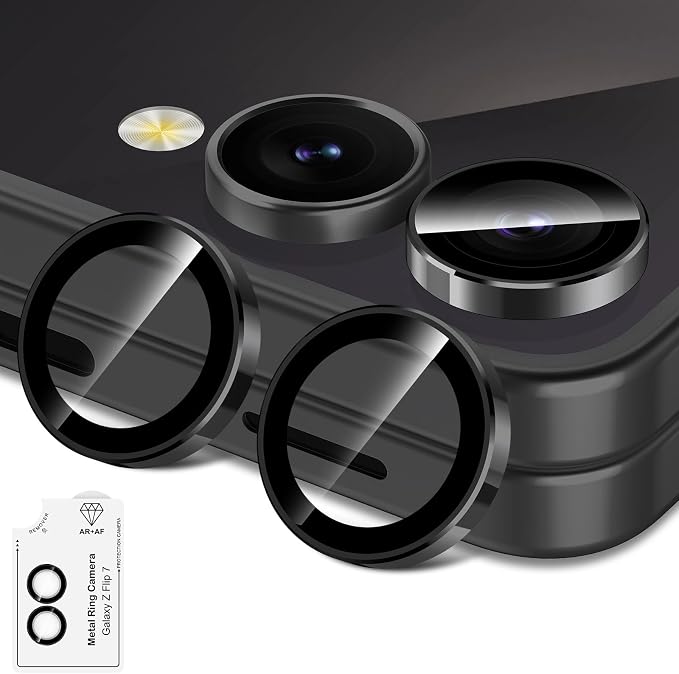 for Samsung Galaxy Z Flip 7 Camera Lens Protector, Individual Metal Ring Tempered Glass Lens Cover, [Strong Adsorption] Scratch Resistant Ultra-Thin HD Clear Lens Cover, 1 Set-Black Ring by Btscase