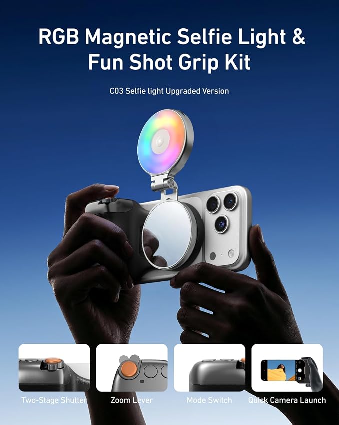 TELESIN Fun Shot Magnetic Phone Camera Grip & 4 in 1 RGB Selfie Light Kit | Phone Selfie Grip Creator Bundle Kit Compatible with iPhone Magsafe & Android Selfies/Photography/TikTok/Zoom Calls/Video - Image 2