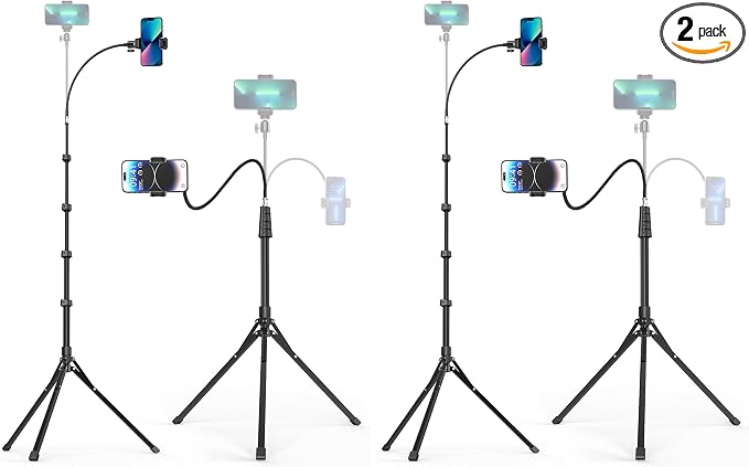 Aureday Phone Tripod, 92" Cell Phone Stand with 15" Gooseneck, Remote and Phone Holder, Overhead & Selfie Stick for Recording/Watching/Vlog, Compatible with iPhone Android (Pack of 2) by Aureday