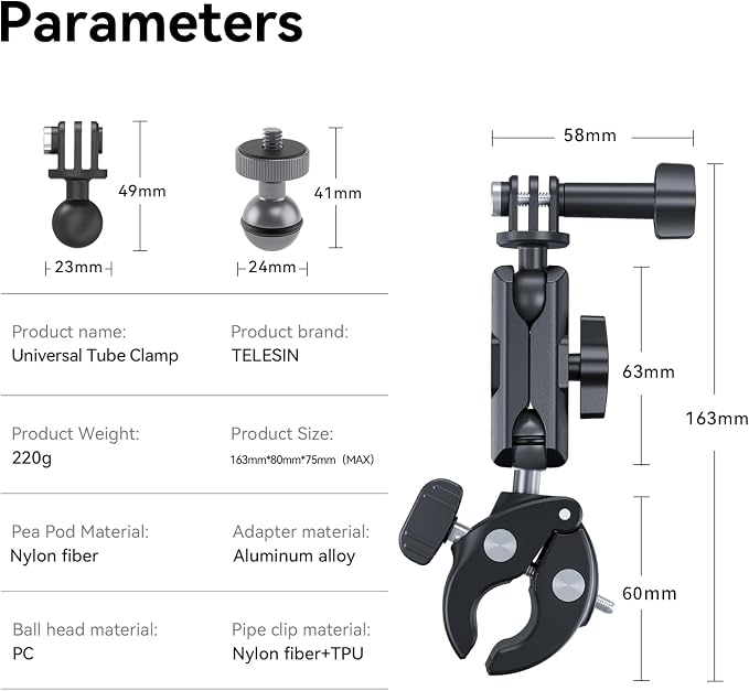 TELESIN Camera Clamp Mount Bike Motorcycle Handlebar Mounts Accessories,360 Ball Joint Tube Roll Bar Holder Clip for GoPro Mission 1 PRO/DJI Osmo Pocket 4/ Action 6 5 4/ Insta360 Luna Ultra/Xtra Muse - Image 7