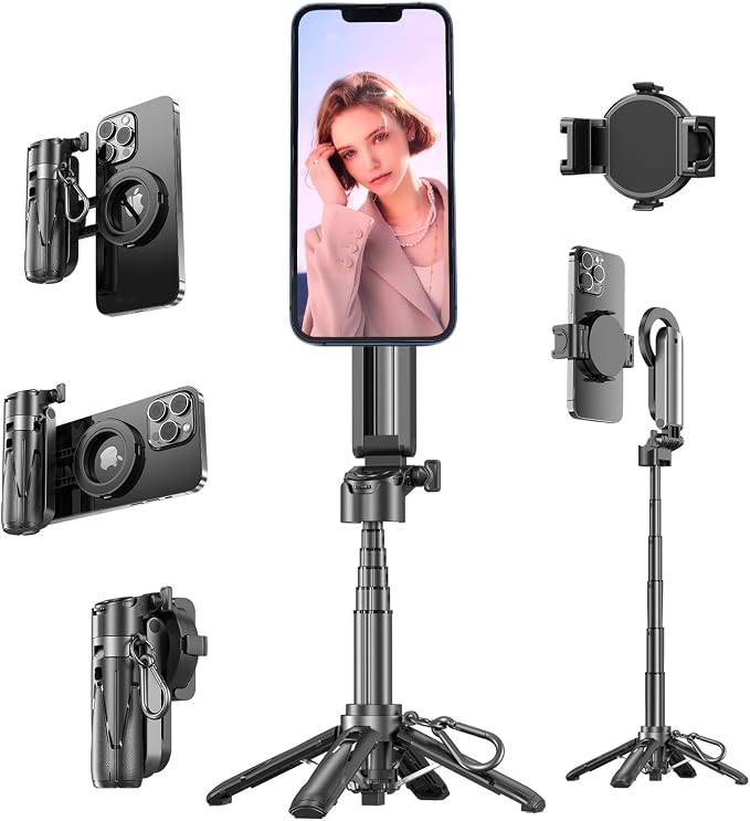 Magnetic Pocket Selfie Stick Compatible with MagSafe for iPhone | 4-in-1 multifunctional selfie stick with wireless remote; portable mini; great for live streaming, travel & outdoor shooting by Busdebon