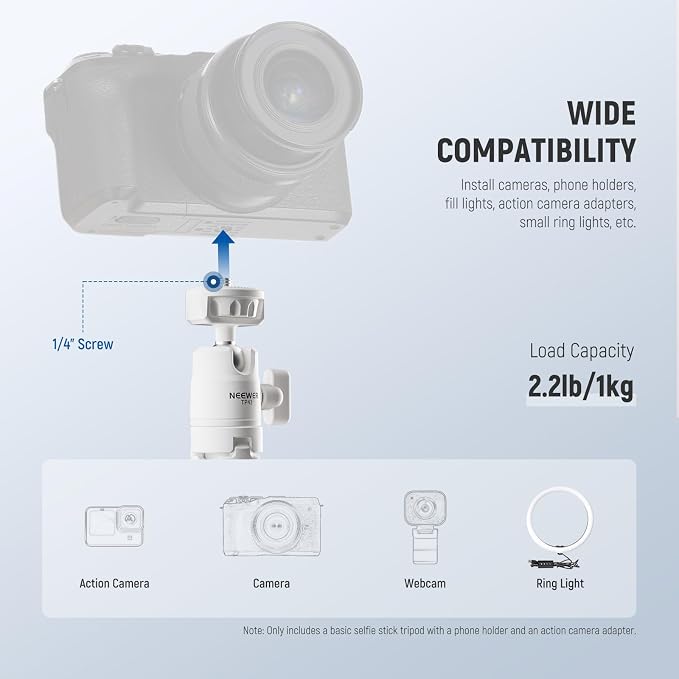 NEEWER Basics Mini Desk Selfie Stick Tripod Compatible with iPhone GoPro Insta360 DJI, Portable Small Camera Webcam Android Cell Phone Holder Ball Head Elevated Axis Video Recording Stand, TP43 White - Image 4