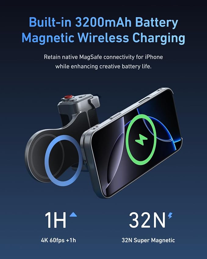 TELESIN Master Grip with C03 Selfie Light Universal for iPhone/MagSafe | Magnetic Phone Camera Grip Creator Kit Built 3200mAh Battery Wireless Charging -【Graphene Case Only For iPhone 17 Pro Max】 - Image 5