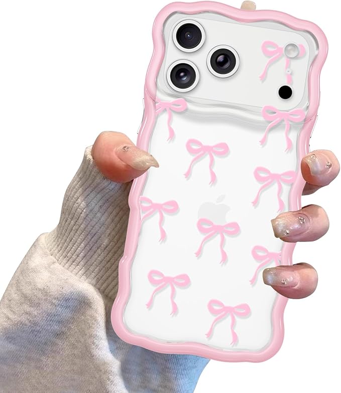 QLTYPRI for iPhone 17 Pro Max Pink Bow Case, Clear Cute Pink Ribbon Bow Phone Case Curly Wavy Aesthetic Phone Cover, Soft Slim Transparent TPU Shockproof Protective Cover for Women Girls - Ribbon Bow - Image 7