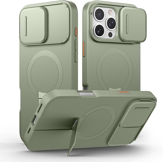 SURITCH for iPhone 16 Pro Max Case with Magnetic Camera Slide Cover and Adjustable Kickstand, Compatible with MagSafe, Shockproof Bumper Case Slim Protective Cover 6.9 Inch, Green by SURITCH