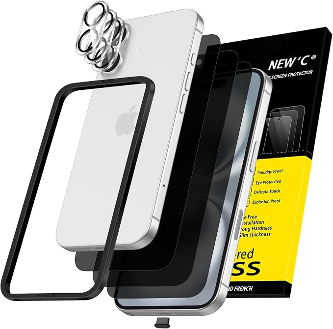 NEW'C 3x Privacy for iPhone 16 Screen Protector (6.1 inches)+ 3x Camera Lens Protector, Sensor Protection, Case Friendly Tempered Glass Film + Dust Plug - Easy installation tool included by NEWC