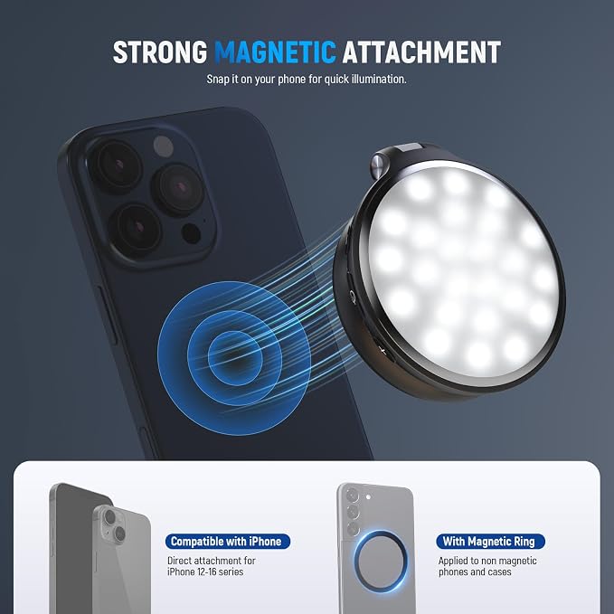 NEEWER Basics Magnetic LED Selfie Light Compatible with MagSafe iPhone, Desk Stand Phone Holder with Makeup Mirror 1160lx/0.2m 900mAh CRI95 Fill Lighting for Video Recording Streaming, Black NL48R - Image 4