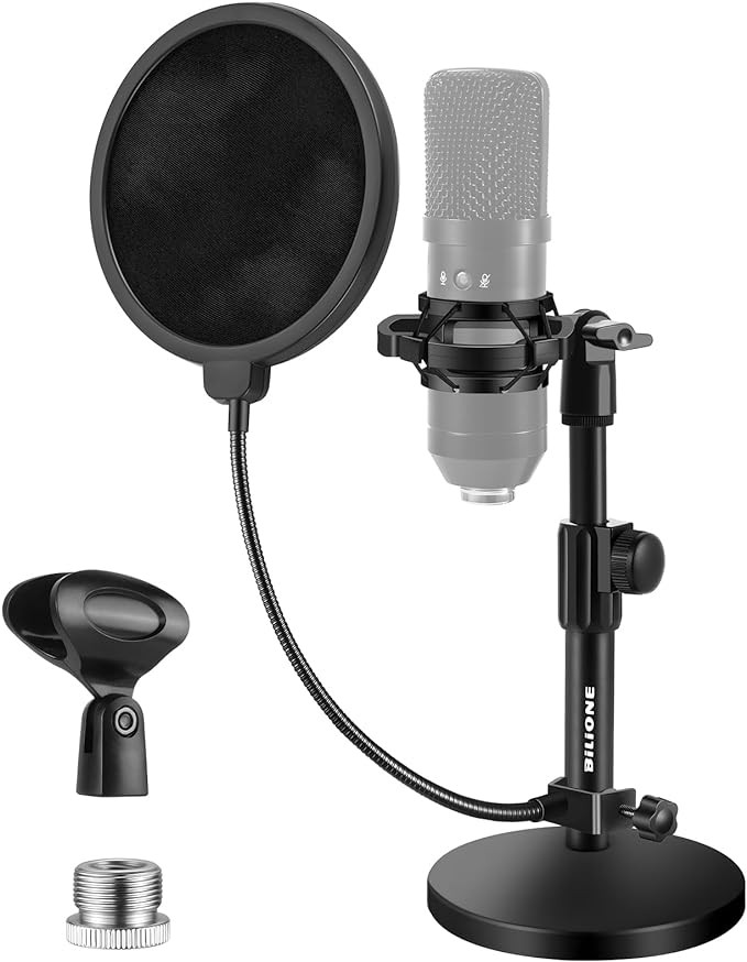 Versatile Desktop Microphone Stand, Mic Stand Kit for Desk | 1.5lbs Weighted Base, Height adjustable, With Pop Filter, Shock Mount, Mic Clip, 5/8" to 3/8" Adapter, For Recording & Studio by BILIONE