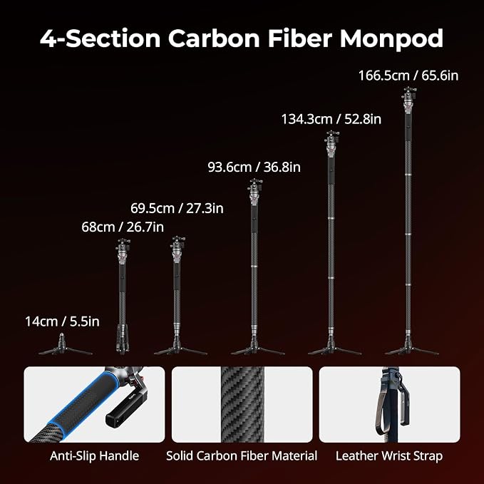 SmallRig 166.5cm / 65.6" Carbon Fiber Monopod for Camera, Compact Camera Monopod with One-Touch Height Adjustment, Max. 5kg Playload Ball Head, Storage Size of 68cm / 26.8", Weighs 1.72kg / 3.8lb - Image 5
