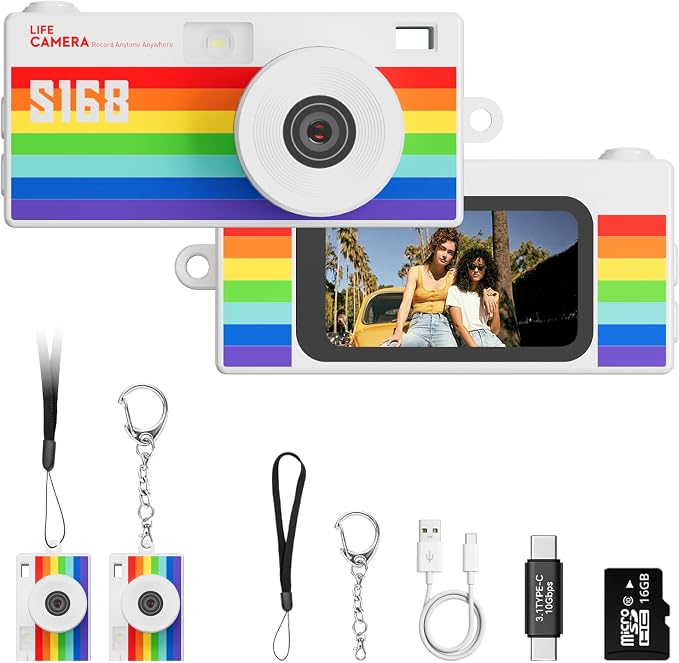 Mini Keychain Digital Camera, Y2K Retro Pocket Camera with 1.47 Inch Screen, 1440P Video, 2MP Photos, 16GB Card, Flash, Type C, Tiny Vintage Camcorder for Kids Teens Travel Vlog (Rainbow) by Dienspeak