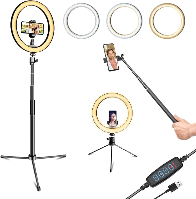 10" Selfie Ring Light with 10" Stand and 60" Selfie Stick, 3 Color Light Adjustment Suitable for Phones and Cameras, Makeup/Live Streaming/Taking Photos by SHSYLVSEZM