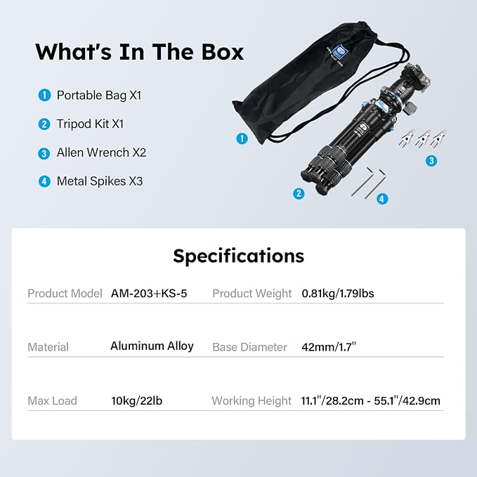 SIRUI AM-203+KS-5 Mini Tabletop Tripod, 360° Ball Head, Quick Release | 33LB Load, 16.7" Height, Panoramic Ball Head, DSLR, Mirrorless Camera, Desktop, Travel, Low Angle Photography - Image 8