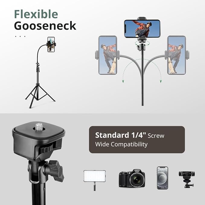 Sensyne 88" Phone Tripod, Selfie Stick Tripod with 14.95" Flexible Gooseneck, Overhead Cell Phone Stand for Video Recording, Photography, Compatible with Phone, Camera - Image 7