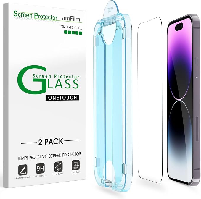 amFilm OneTouch for iPhone 14 Pro Screen Protector 6.1'' Tempered Glass | Auto-Alignment, 30s Install, Bubble Free, 9H Hardness, Scratch & Drop Protection, HD Clear, Case Friendly, 2 Pack (14P-6.1'') by amFilm