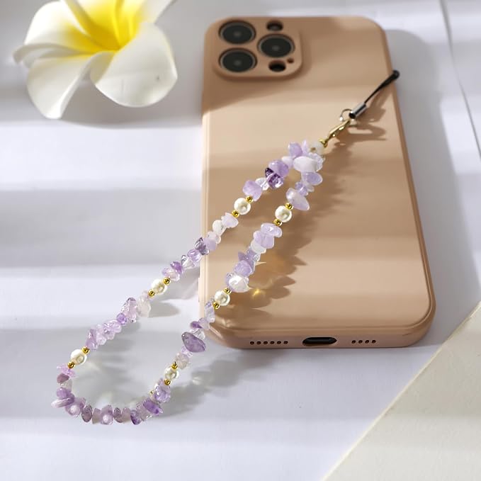 Natural Gemstone Phone Charms Wrist Strap Lanyard Beaded Phone Strap for Women Girls (Purple) - Image 5