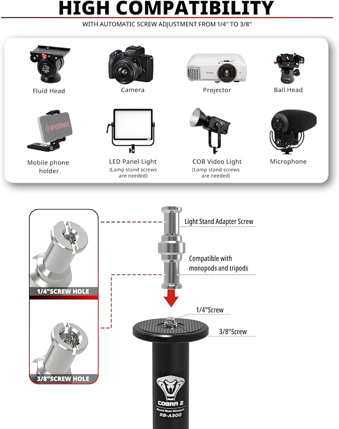 IFOOTAGE Round Base Monopod RB-A300,Live Studio Small Footprint Monopod,1/4" & 3/8" Mount Adapter and Conversion Screw,Aluminium Alloy Stable Structure,24"/61~59.5"/151cm - Image 4