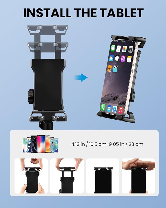Moukey Adjustable Tablet Holder Clip-on Phone Mount for Mic Microphone Stand Music Stand, Compatible with All 4.7 to 12.9 Inches iPad, iPhone, Android Tablets, Pads, Smartphones - Image 4