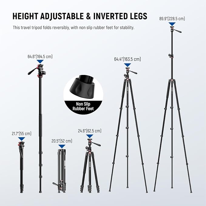 NEEWER Overhead Horizontal Camera Tripod Monopod with Fluid Head & Flexible Center Column, 90 Inch Tall Metal DSLR Video Travel Stand, Arca Type QR Plate & Inverted Legs, Max Load 13.2 lbs, TP64 - Image 4