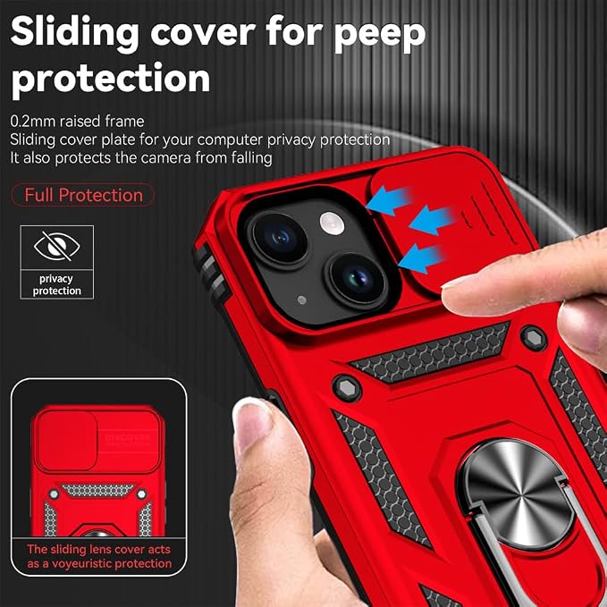 HNHYGETE for iPhone 15 Case with HD Screen Protector: [Military Grade 20ft. Drop Tested] Ring Shockproof Protective Phone Case for - iPhone 15 Red - Image 4