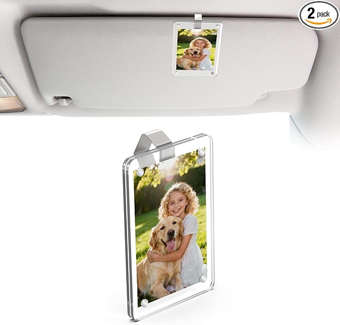 Car Picture Holder Acrylic Photo Frame Magnetic Visor Clip Cute Car Interior Decor Accessories for Family or Personal Photos by DEPOTA