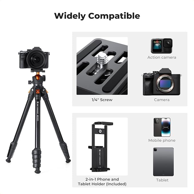 K&F CONCEPT 63" Aluminum Travel Tripod for Camera | Lightweight Compact Tripod Weighs 2.6lb, Max Load 22lb for Camera DSLR Mirrorless Camcorders Phone, O235A1+BH-40 - Image 7