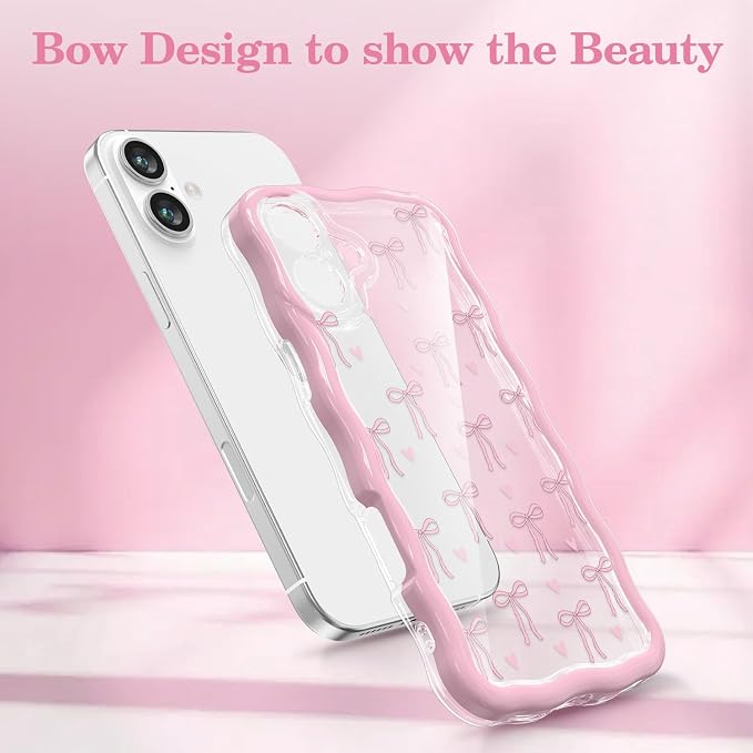 QLTYPRI for iPhone 16 Plus Pink Bow Case, Clear Cute Pink Ribbon Bow Phone Case Curly Wavy Aesthetic Phone Cover, Soft Slim Transparent TPU Shockproof Protective Cover for Women Girls - Love Bow - Image 2
