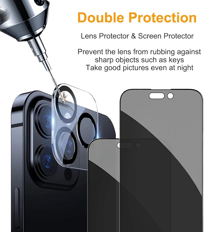 PEHAEL for iPhone 14 Pro Max Privacy Screen Protector+Camera Lens Protector | Installation kits, Anti-Spy Private, Anti-Scratch, 9H Tempered Glass, Case Friendly, 2+2 Pack, [6.7 inch] - Image 6