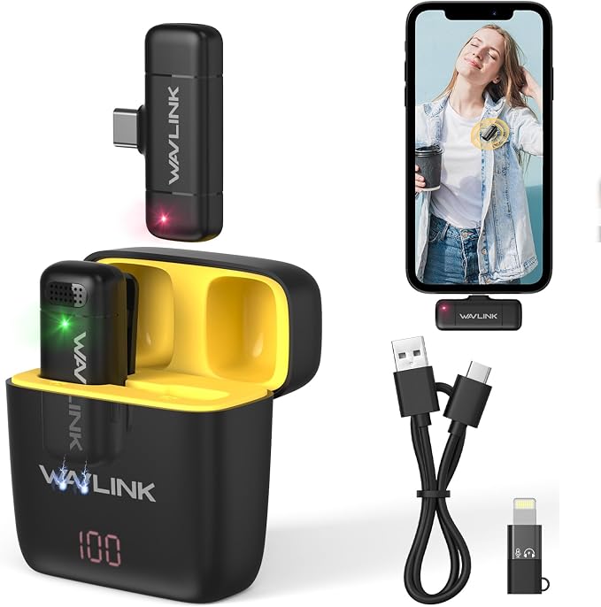 WAVLINK Wireless Lavalier Microphone for iPhone 16/15/14/13/12 Android Vlog, Clip on Lapel Mic System & Lightning & USB-C Inputs & Battery Case for YouTube Facebook Live, Video Recording(1*TX+1*RX) by WAVLINK%C2%AE