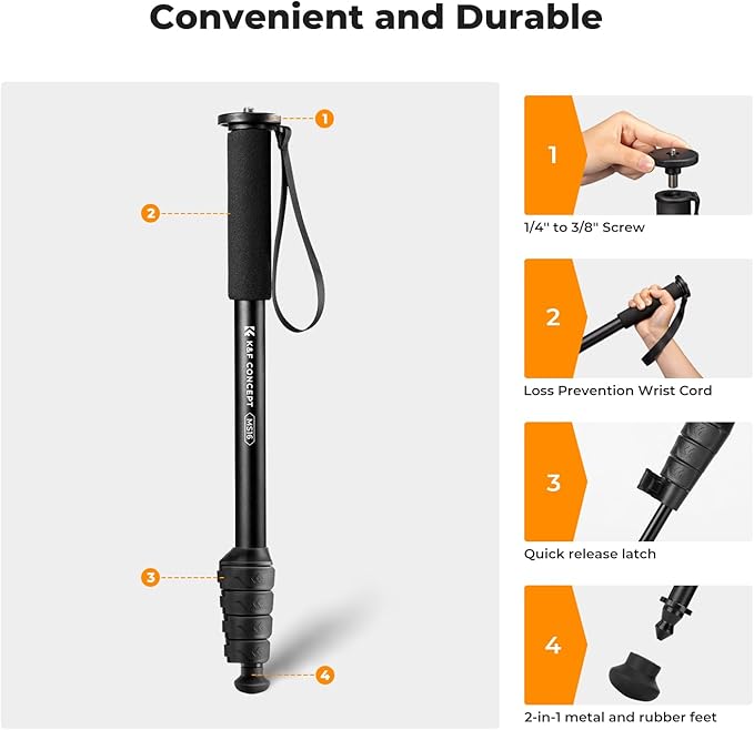 K&F CONCEPT Camera Monopod, 63" Aluminum Photography Monopod | 5-Section Height, Lightweight & Portable Camera Accessories, Payload 11lb, MS16 - Image 2